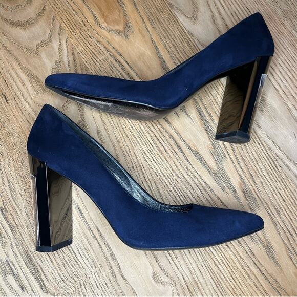 Stuart Weitzman Lucite Navy Suede Almond Toe Chunky Pumps Blue Heels Women’s 9 - Picture 8 of 11
